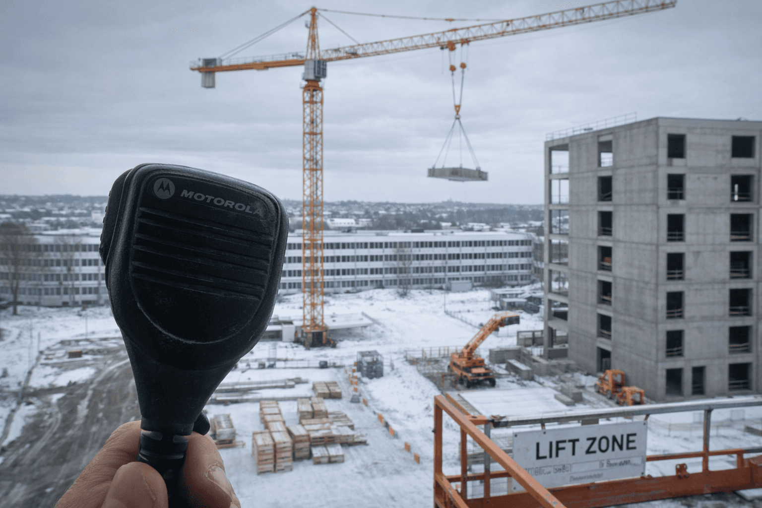 Signalplan på byggeplads med radio-kommunikation mellem kranfører og signalmand