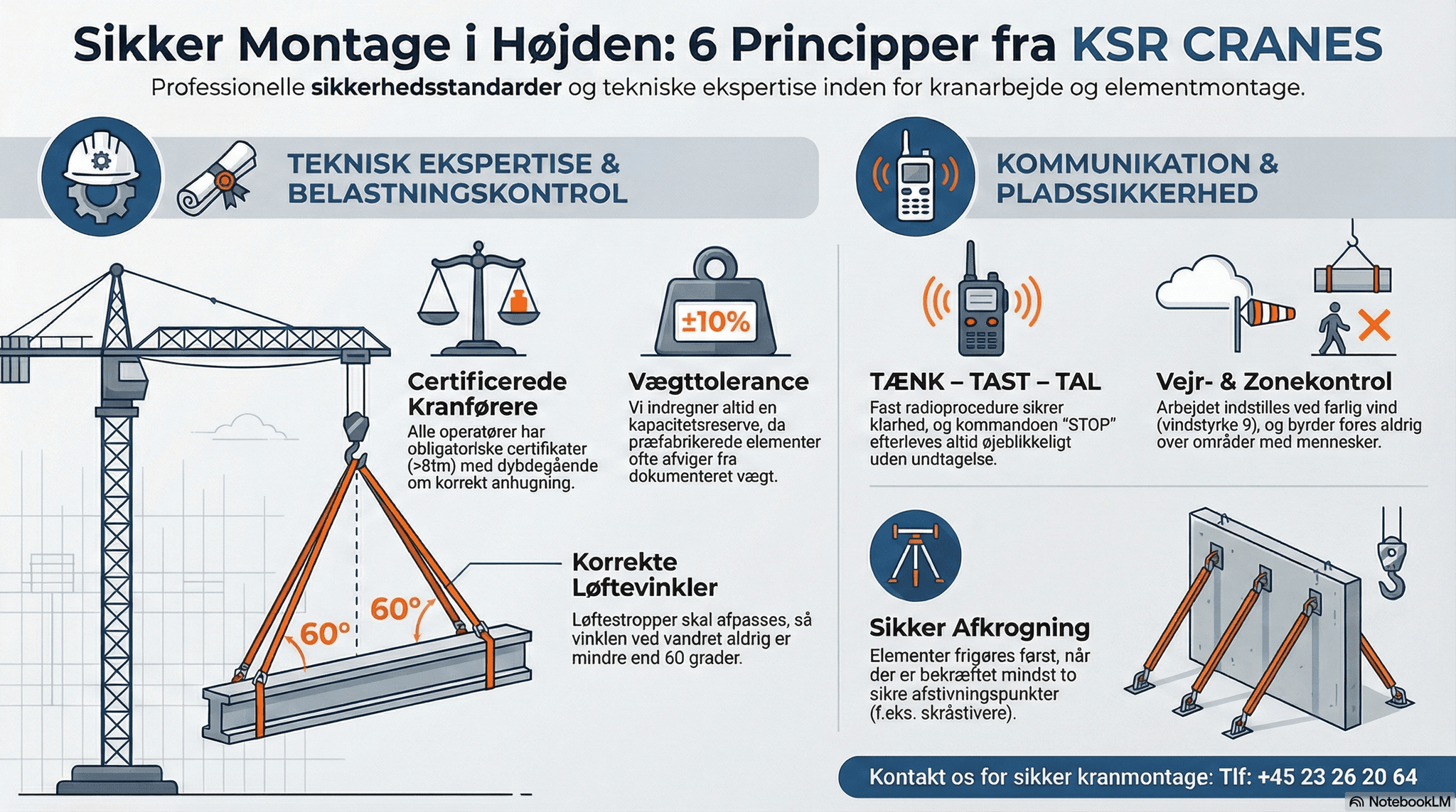Kranfører fra KSR CRANES i kranens kabine, der bruger radio til sikker kommunikation under montage af betonelementer.